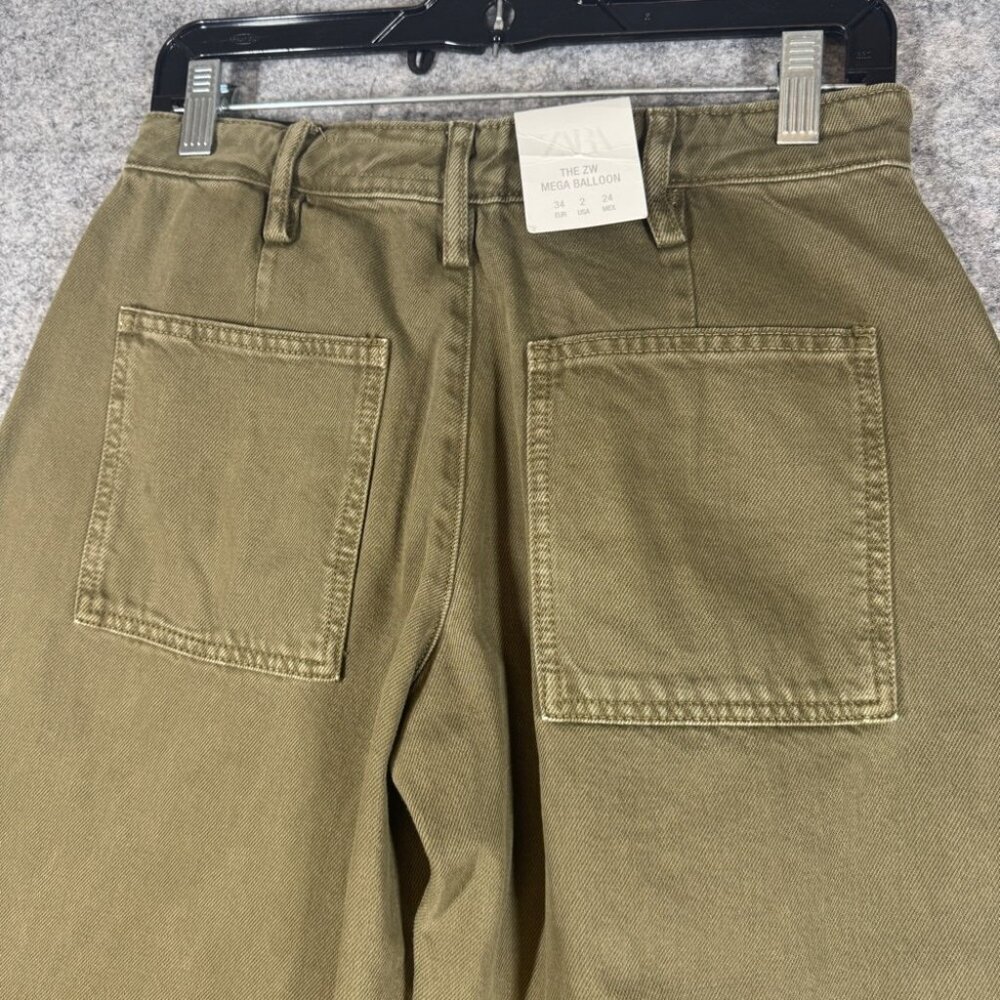Zara Olive Green Mega Balloon Jeans Size 2 High Rise Barrel Leg Trendy Pants - Picture 12 of 15